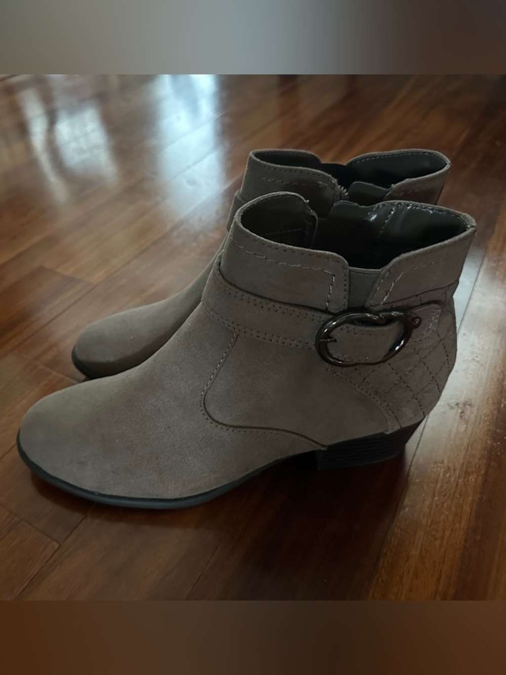 Unisa Taupe Suede-Look Ankle Boot with Buckle